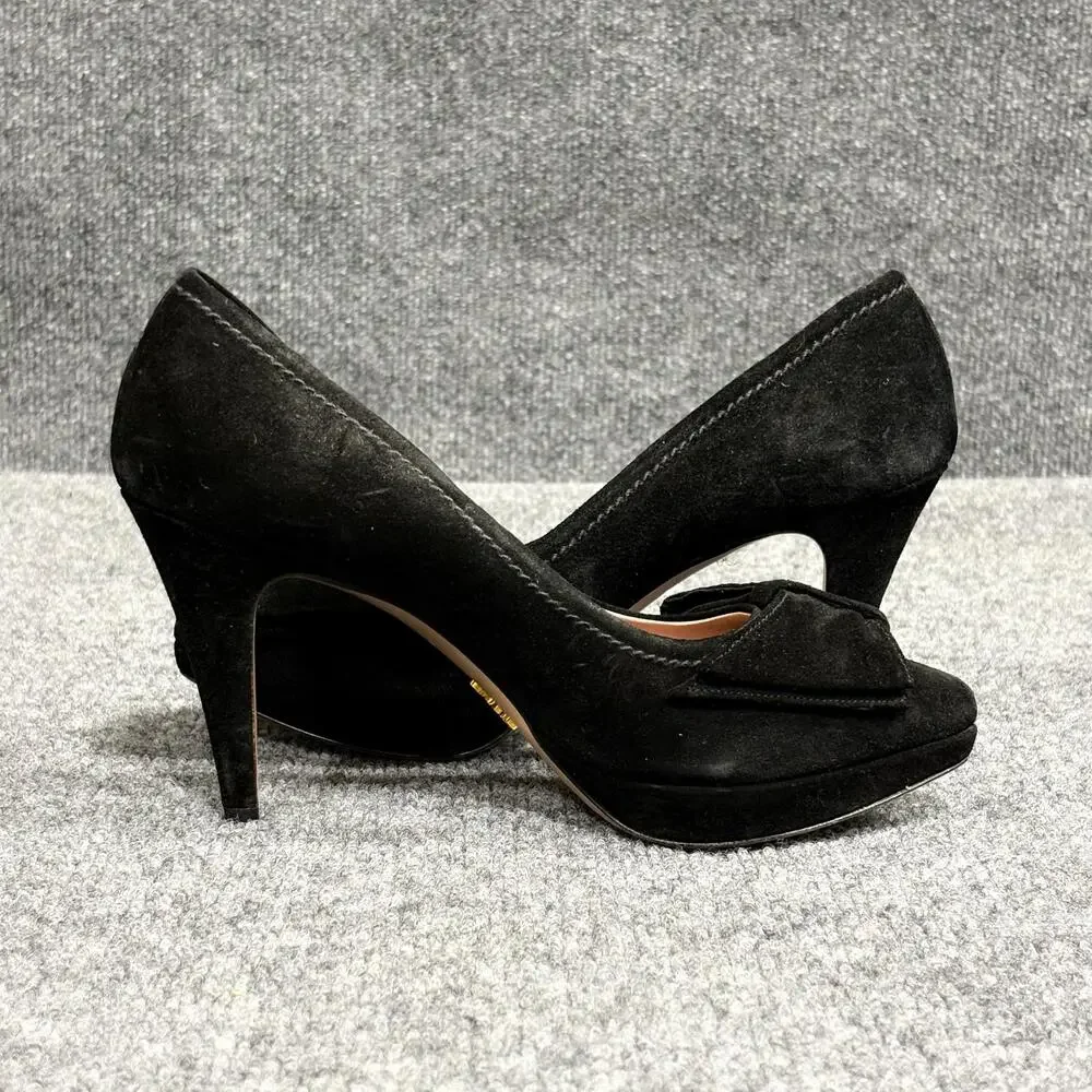 Prada Shoes Womens Size 5.5 EU 35.5 Black Suede Bow Platform Pumps Heels Italy